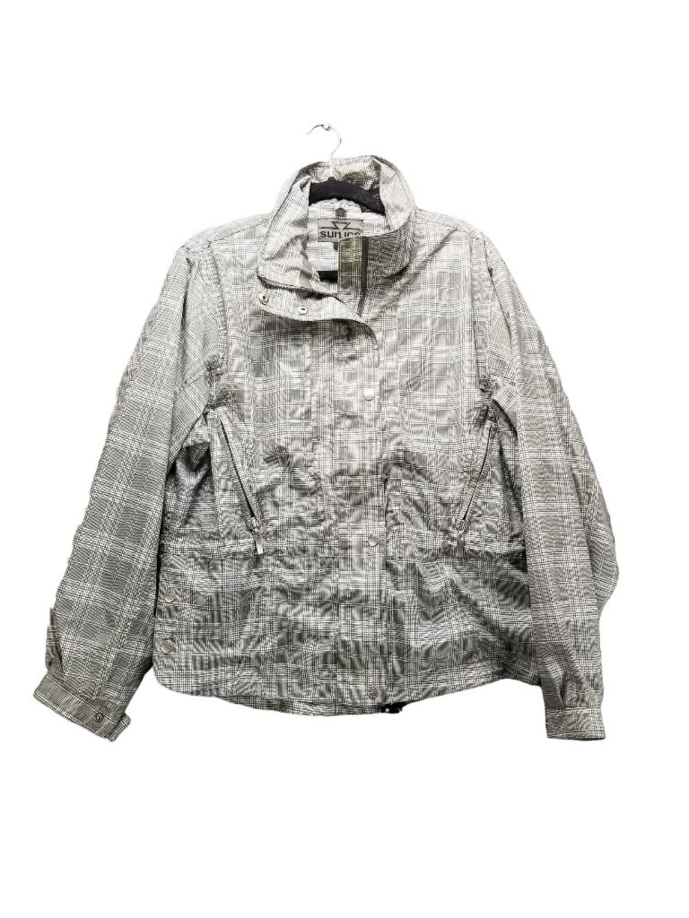 Sunice Jacket Womens Medium Gray Plaid Vintage Snap Hooded Windbreaker